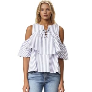 J.O.A. Los Angeles Cold Shoulder Striped Lace Up Ruffle Top Size M